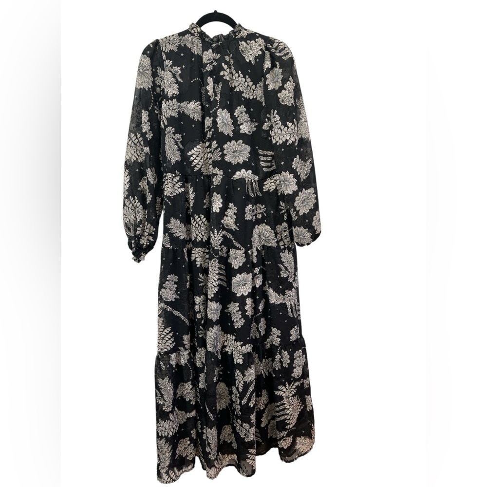 Polagram Black Floral Tiered Maxi Dress Tassel Tie Neck Cottagecore Boho M - Picture 3 of 6